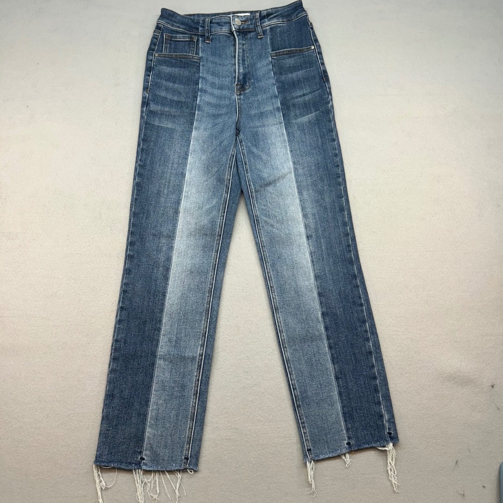 Risen Jeans Womens Two Tone High Rise Straight Leg Raw Hem Denim RDP5180 Blue 7